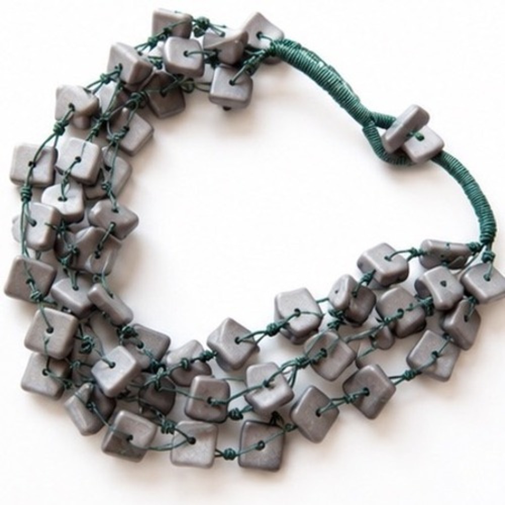 Handcrafted Multi-Strand Matte Grey Square Bead Statement Necklace Teal Cord - Picture 4 of 9